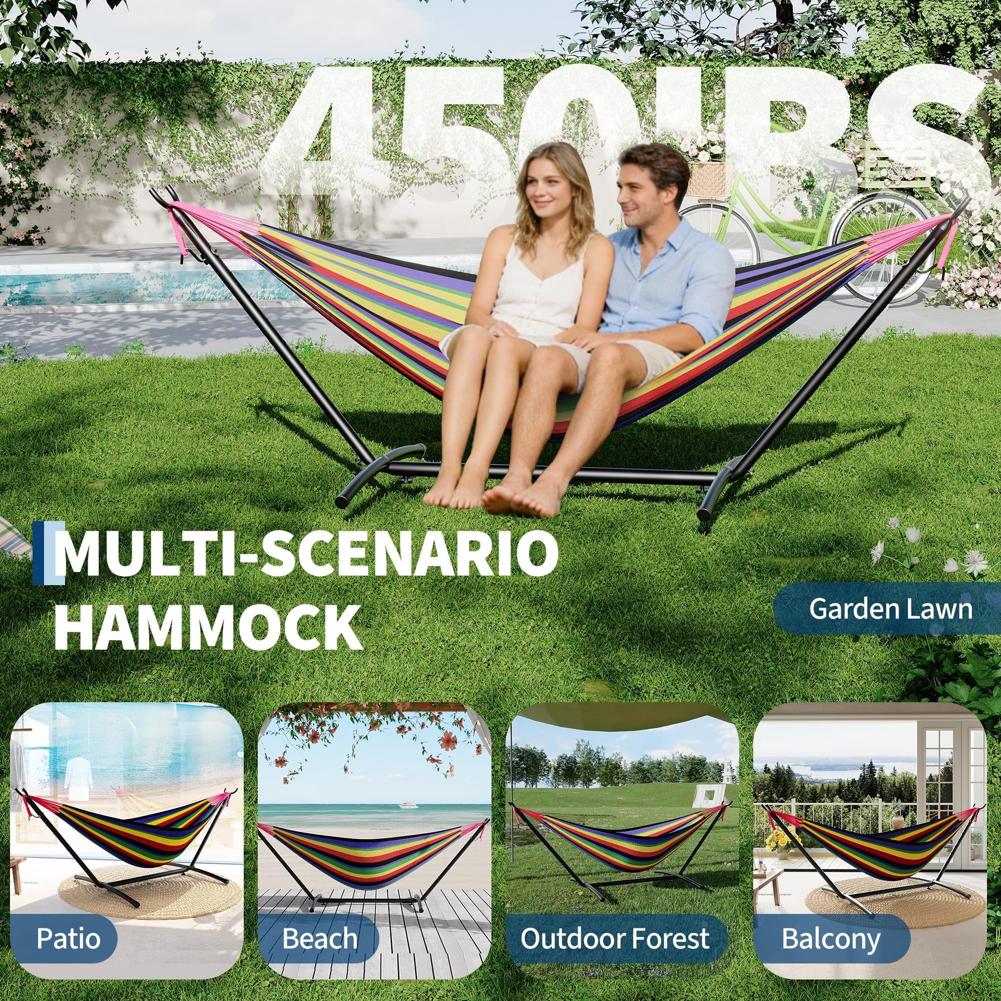 Hammock with Stand for Outside, 2-Person Outdoor Portable Hammock, 500lb Capacity + Waterproof Carry Bag