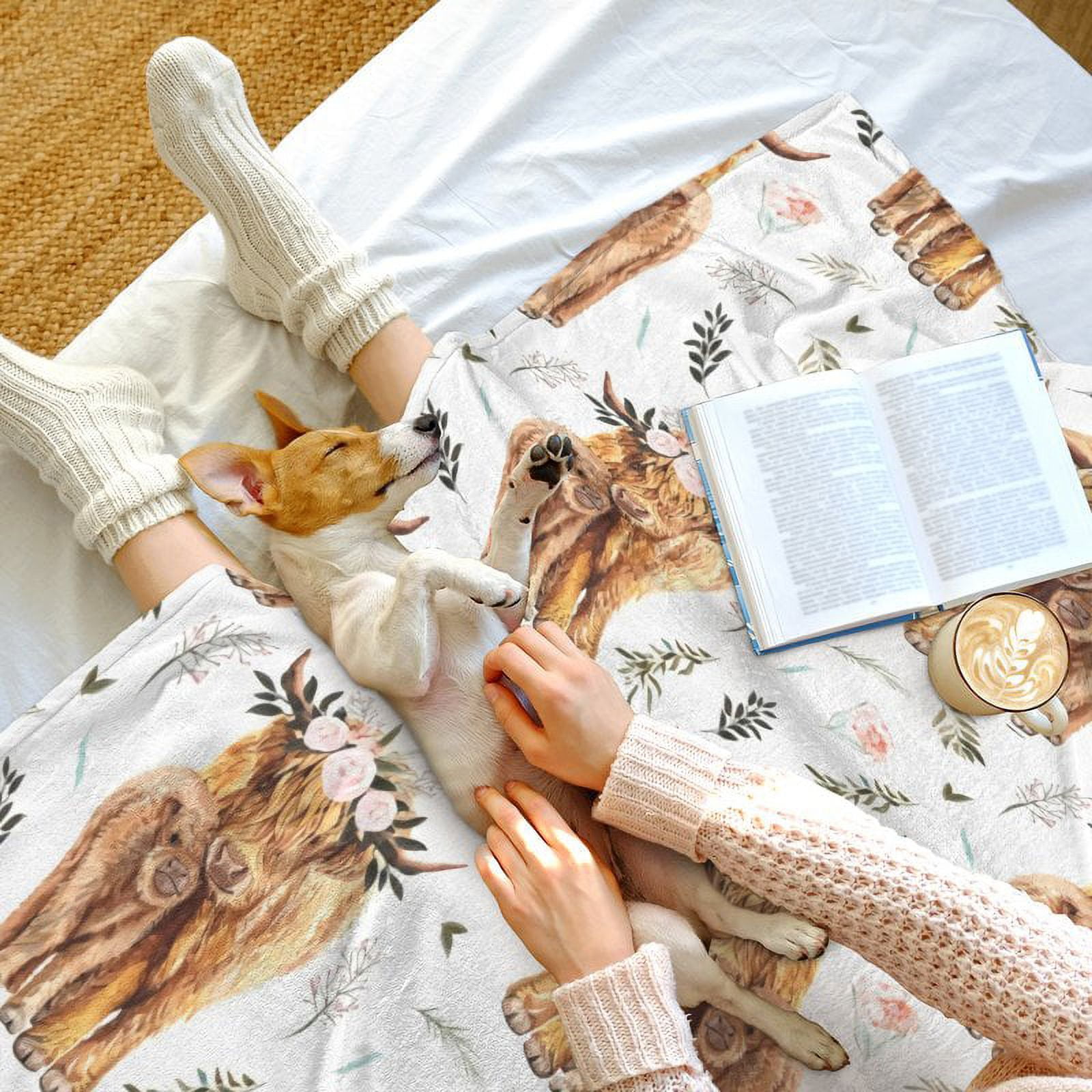 Highland Cow Print Blanket Cute Rustic Farm Animal Cow and Flowers