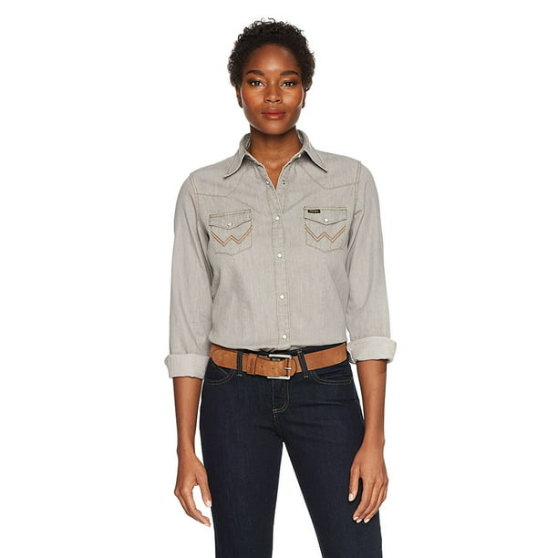 Wrangler Women's Long Sleeve Snap Front Denim Western Shirt, Grey Denim, XL  