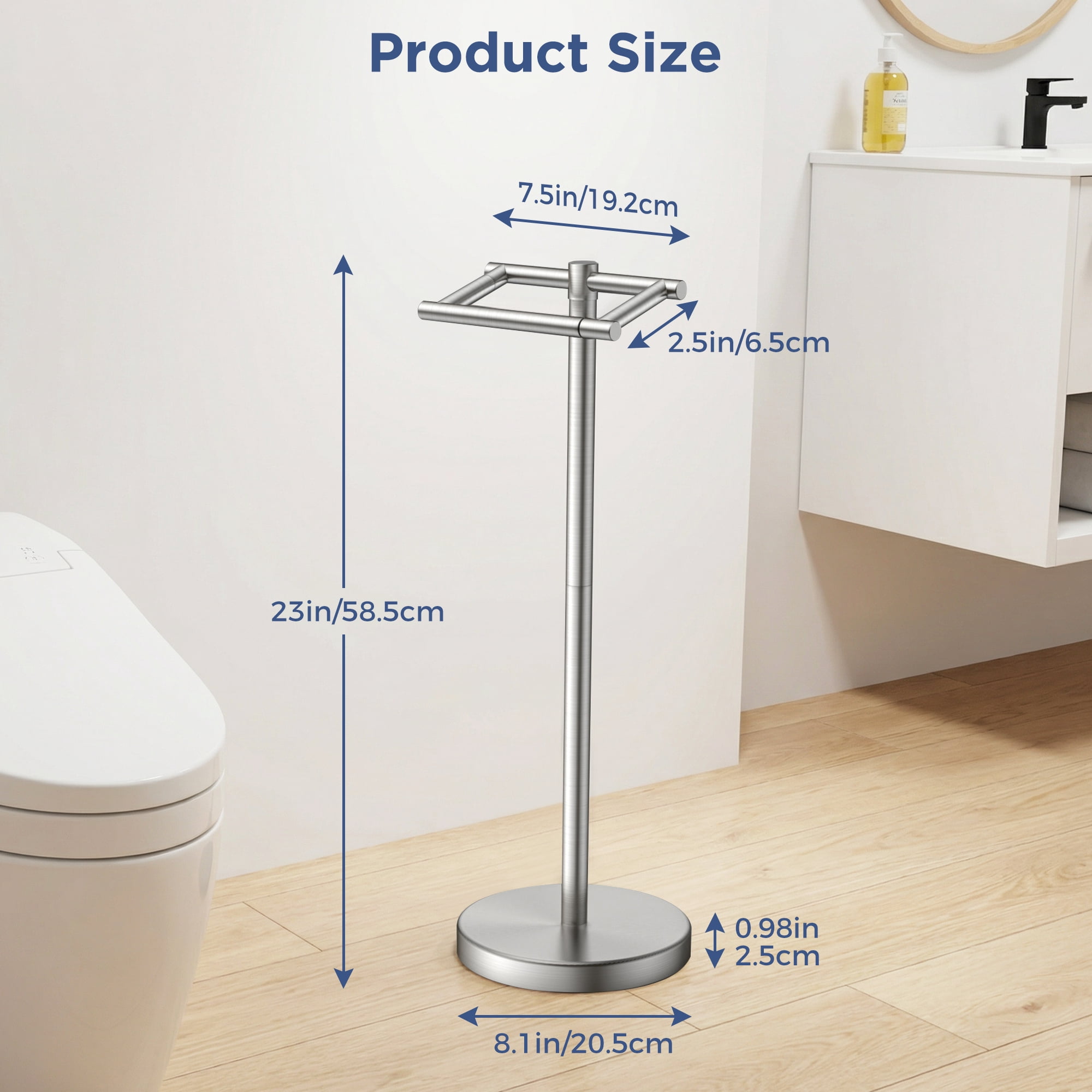 TVOFEK Freestanding Toilet Paper Holder Stand, Toilet Roll Holder Stainless Steel, Post Pivoting Design & Stable Weighted Base, Brushed Nickel
