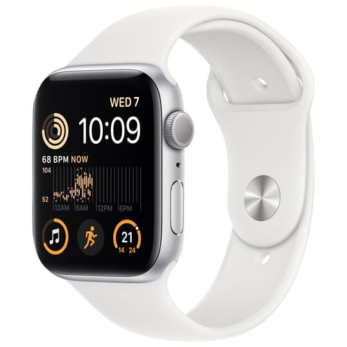 Refurbished Good - Apple Watch SE (2022) GPS 44mm Silver Case with White Sport Band Retina OLED, S8 Chip, Fitness & Sleep Tracking, Swimproof