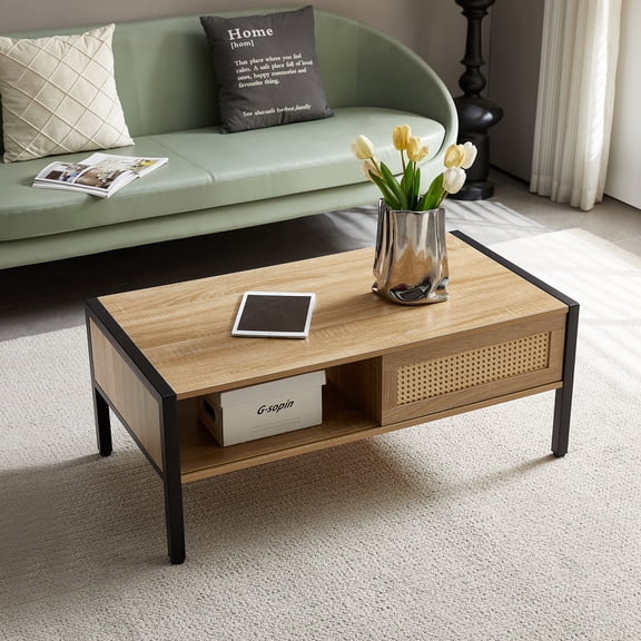 40.16" Rattan Coffee Table with Storage, Metal Legs, Modern Design for Living Room