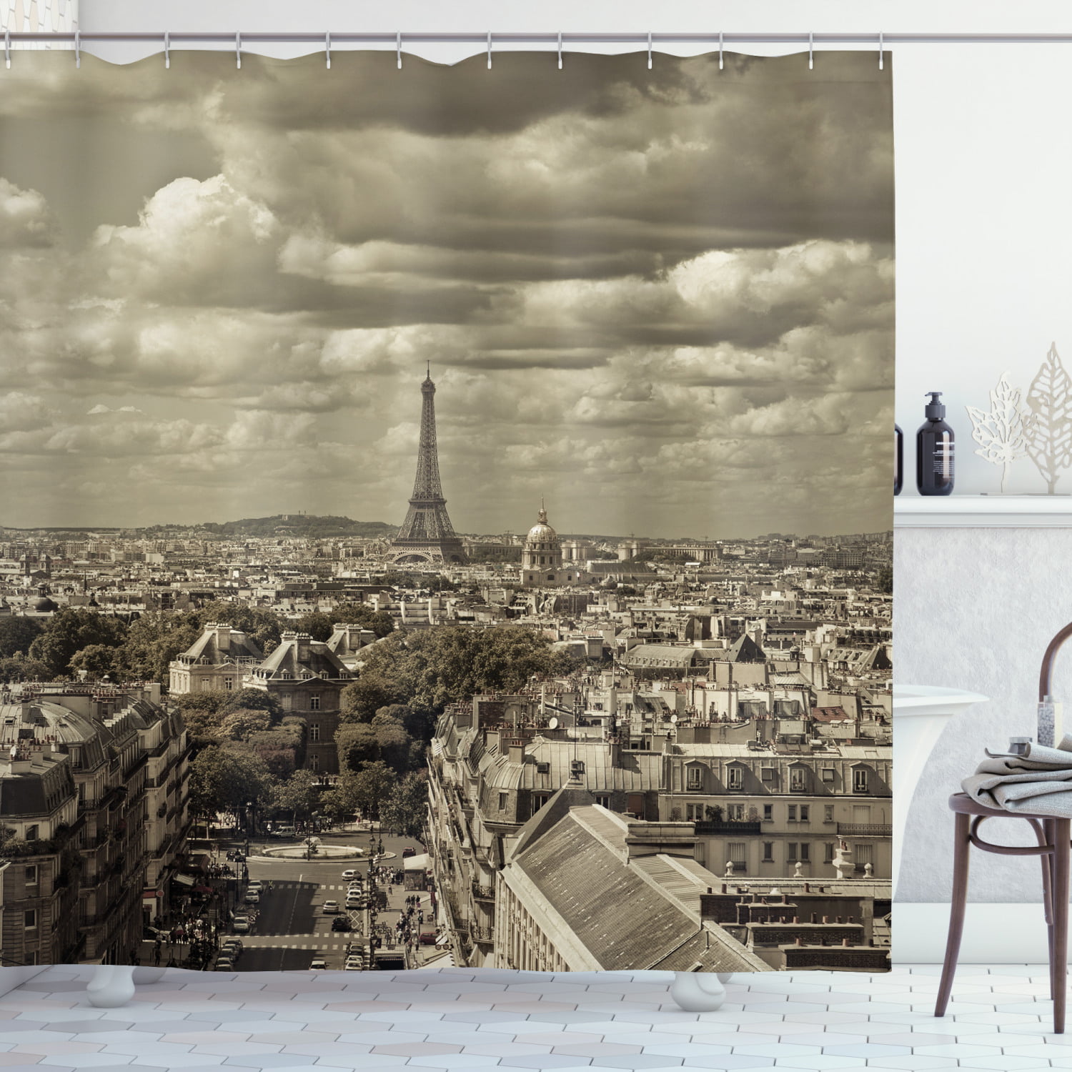 Paris Decor Shower Curtain Set, City Skyline Of Paris With Eiffel And Dark  Cloudy Weather Capital France Historical Retro Photo, Bathroom Accessories,  69W X 70L Inches, By Ambesonne 