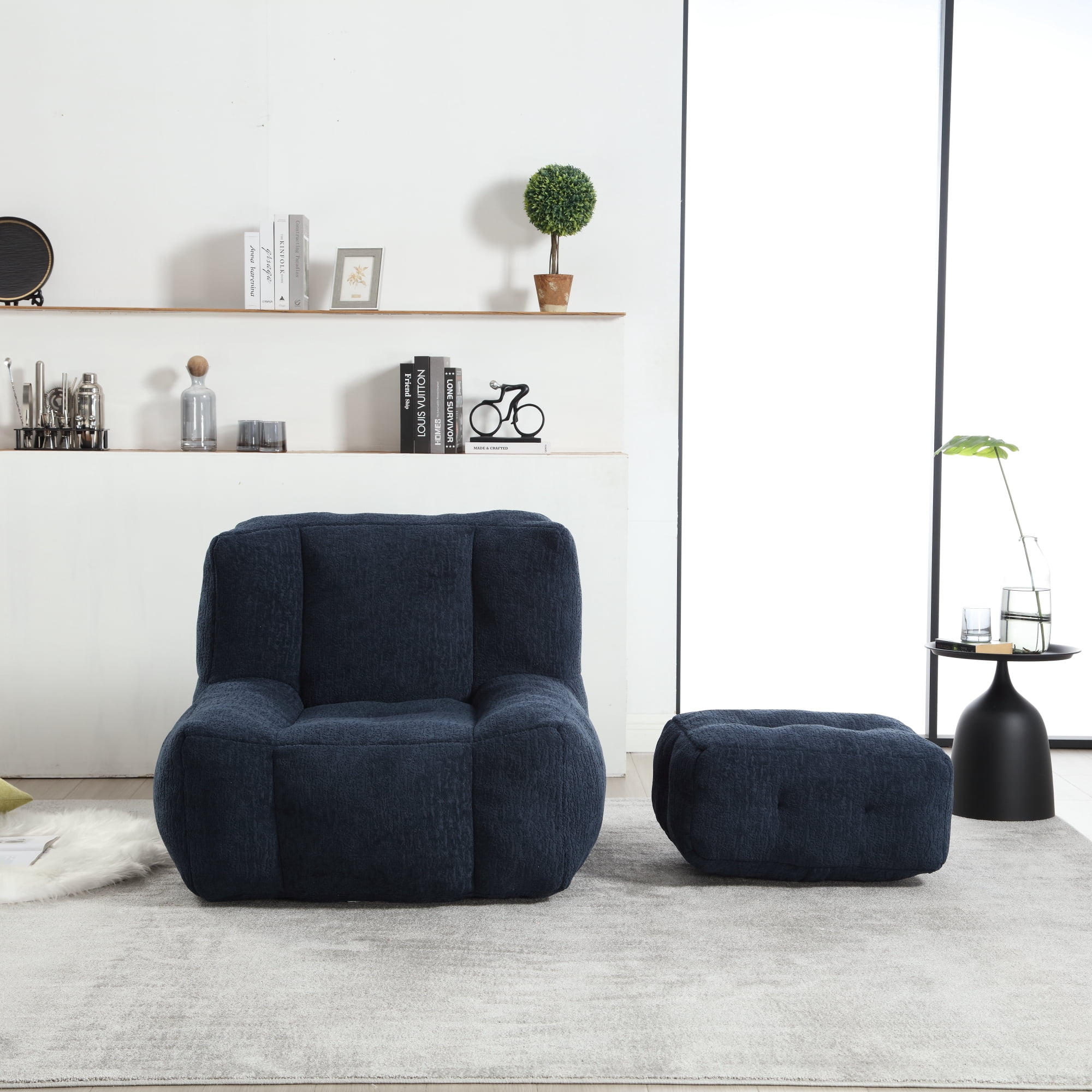 DEALTOPS Fluffy Bean Bag Chair with Ottoman for Adults & Teens, Super Soft Lazy Sofa Chair with Memory Foam for Living Room, Bedroom, Apartment-Blue