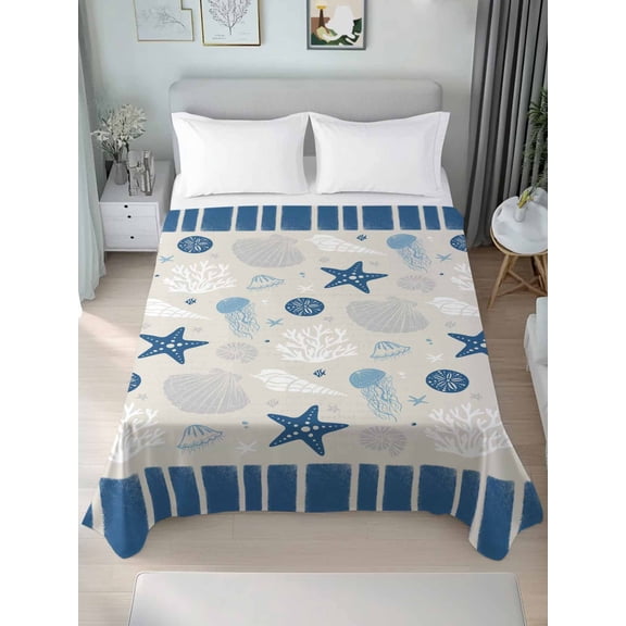 Blue Coastal Queen Size Flat Sheet, Wrinkleproof & Fadeproof Cooling Flat Bed Sheet Only, Vintage Ocean Nautical Starfish Coral Striped Breathable Soft Bedding Top Sheets 90 x 102 Inches