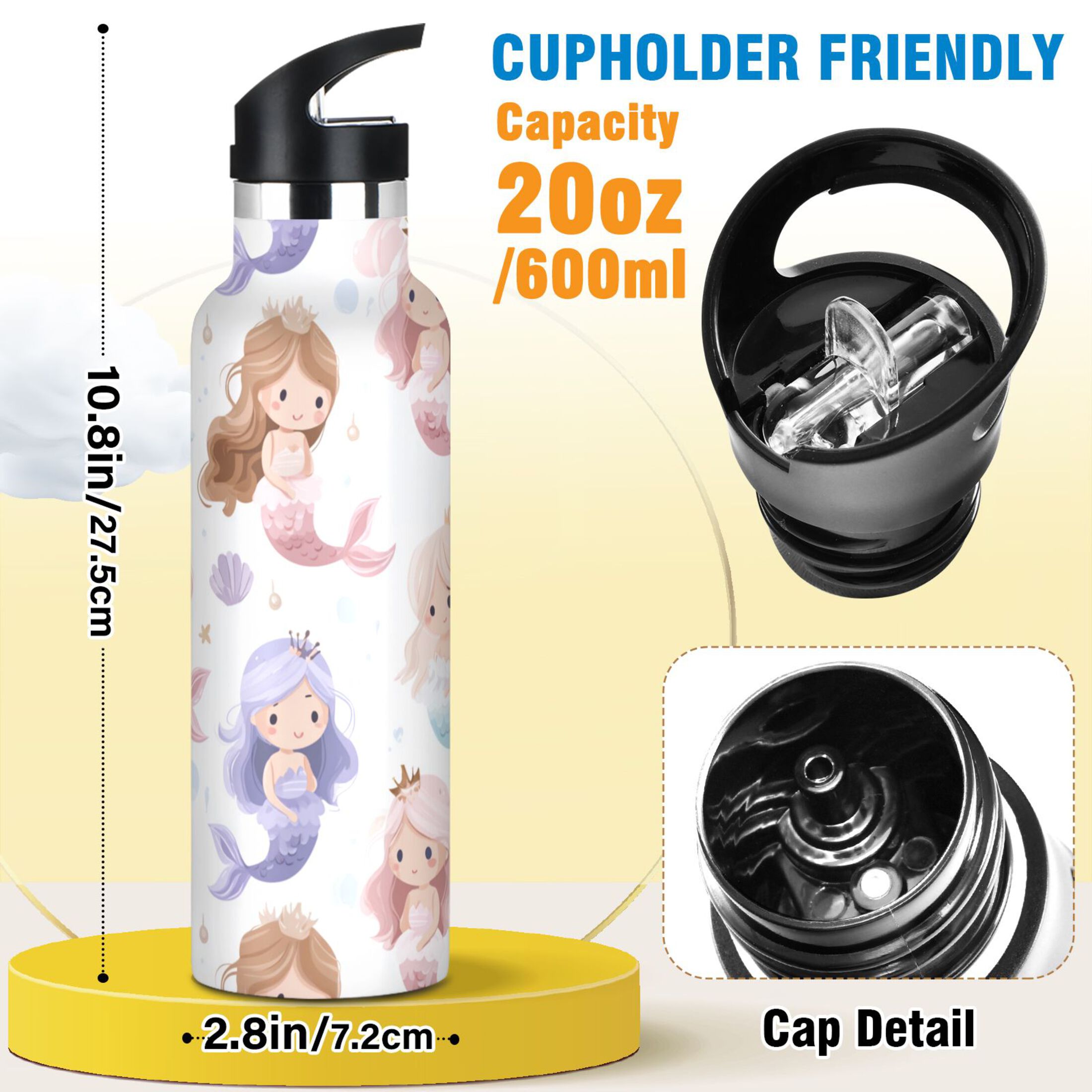 Kids Insulated Stainless Steel Sports Water Bottle 600ml (20oz) Cartoon Mermaids