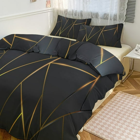 Gold Black Line Abstract Geometric 3D Pattern 3D Duvet Cover Set Quilt Cover Theme of for Bedroom Decoration