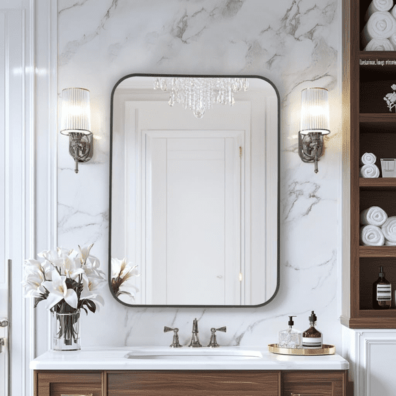 AUROMIR 20"x28" Bathroom Mirror Wall-Mounted Vanity Mirror with Rectangular Metal Frame, Black