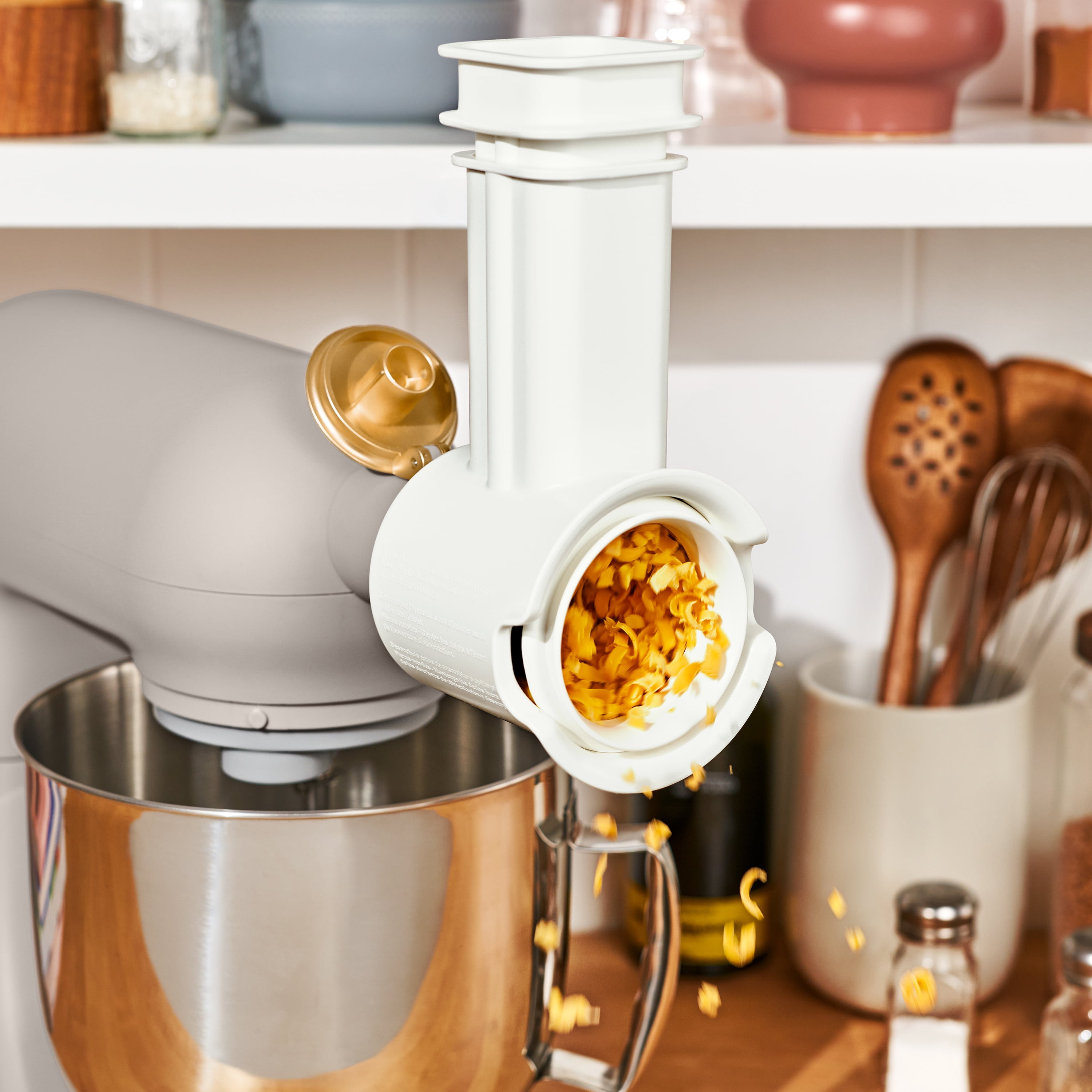 Beautiful Slicer/Shredder Stand Mixer Attachment with 3 Stainless Steel Cutting Blades, by Drew Barrymore
