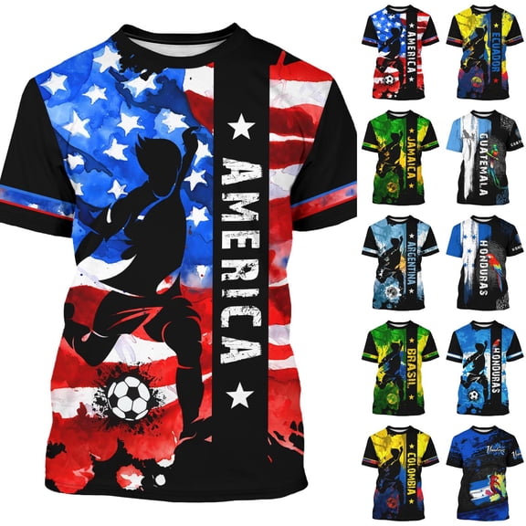 2026 Soccer Cup Graphic Jersey for Men, Short Sleeve Crew Neck Tee with Player Silhouette & Watercolor Flag for Streetwear & Fan Gathering Black 16