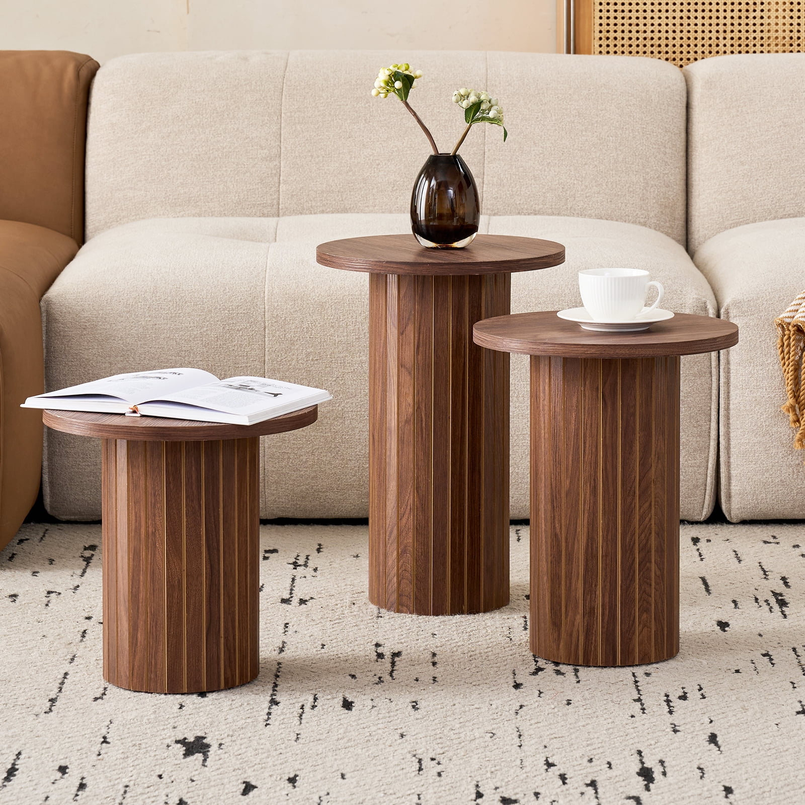 3-Piece Nesting Coffee Table Set, Modern Small Round Wood Side Tables, Fluted Drum Base, for Living Room, Bedroom, Apartment, Small Space, Sofa, Brown