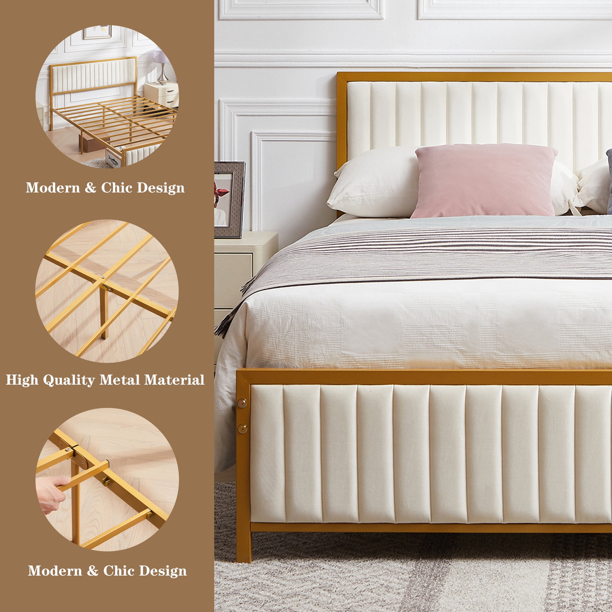 VECELO Queen Size Metal Platform Bed Frame, Modern Upholstered Bed Frame with Velvet Tufted Headboard and Footboard, No Box Spring Needed, Gold & Beige