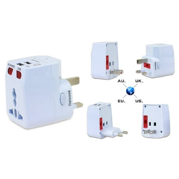 All-in-One Universal Travel Adaptor with 2 USB Ports - White