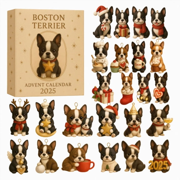 24-Day Boston Terrier Dog Advent Calendar,Cute Puppy Holiday Ornament Countdown Set
