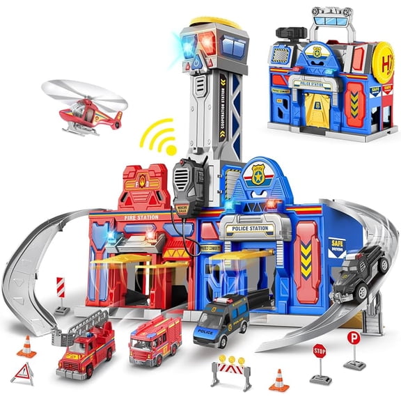 Aijohnny 2-in-1  Large City Action Toddler Playset, Transform Track Toy with Cars, Police & Fire Station, Birthday Gifts for Kids 1-3 3-5 5-8 Years Old