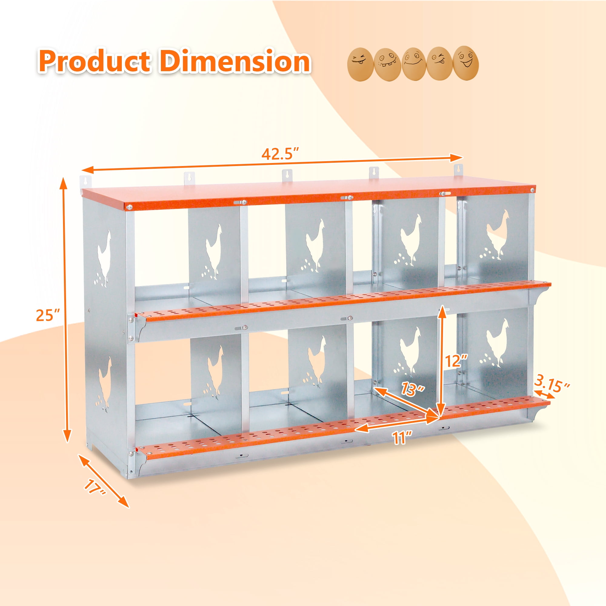 8-Bay Wall Mount Metal Nest Box for Hens Ducks, Galvanized Steel Poultry Coop Equipment with Vented Design, Easy Egg Collection & Assembly, Orange