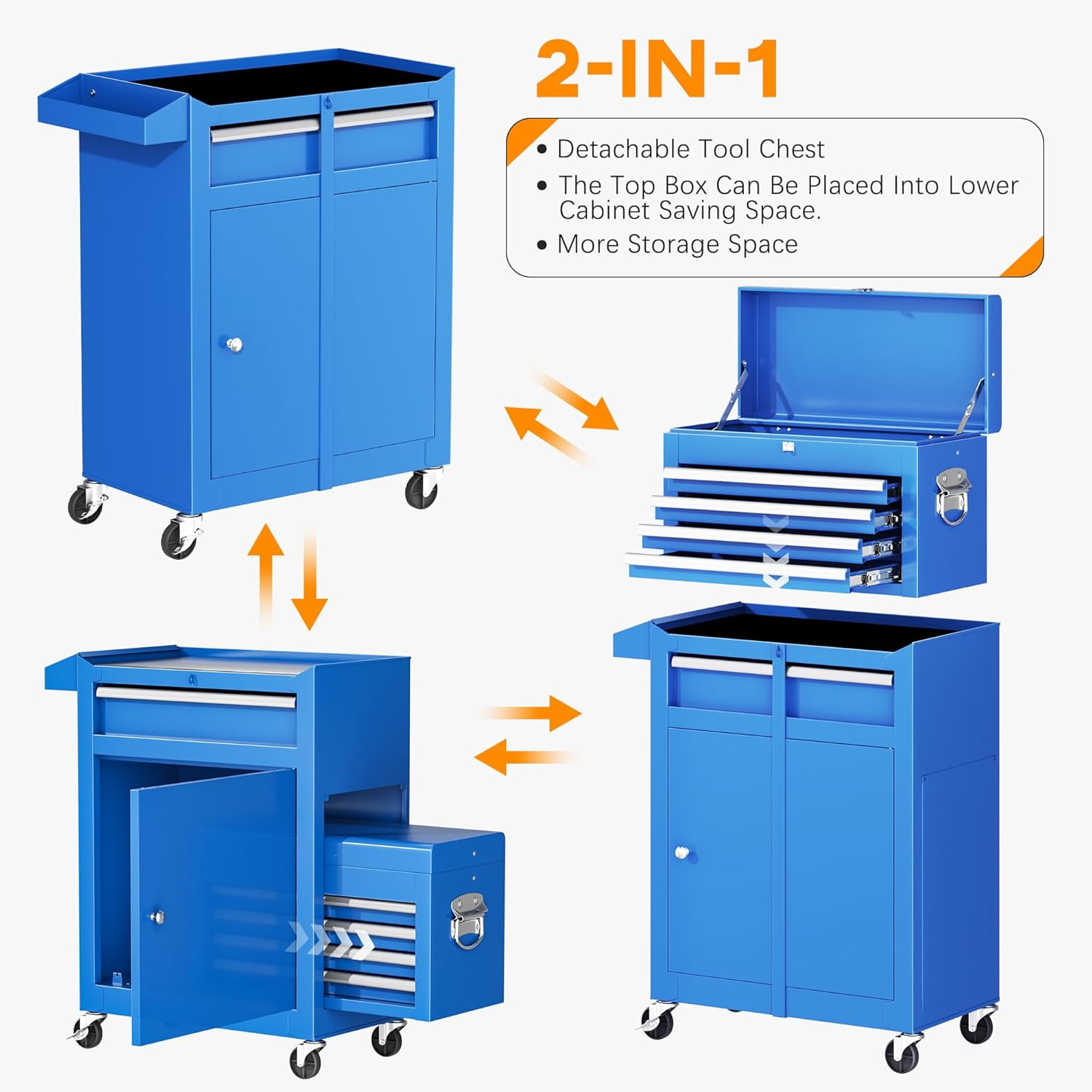 SUNCROWN 5-Drawer Rolling Tool Chest, Storage Cabinet with Detachable Top Tool Box, Tool Chest with Universal Lockable Wheels, Metal Tool Cart for, Workshop, Barbershop（Blue）