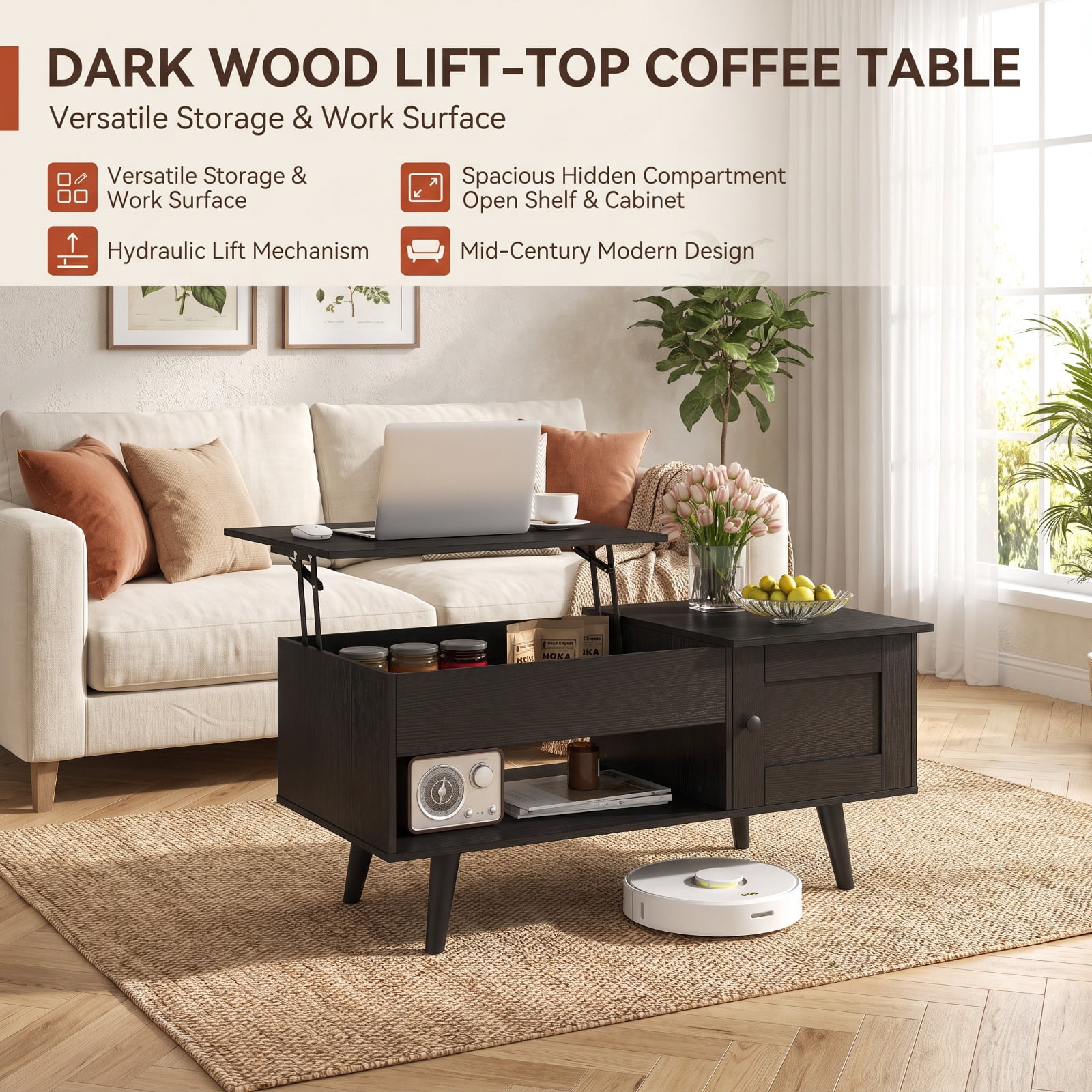 Furnibear Lift Top Coffee Table with Hidden Compartment Open Shelf and Storage Cabinet for Living Room and Home Office, Black
