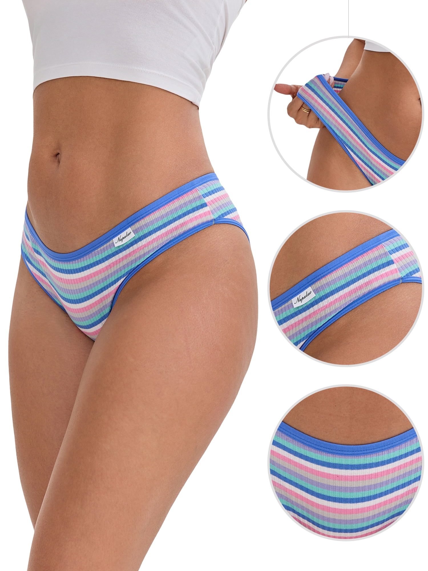 DARING DIVA Women's Colorful Striped Low-Waisted Double Layer Breathable Briefs M Blue