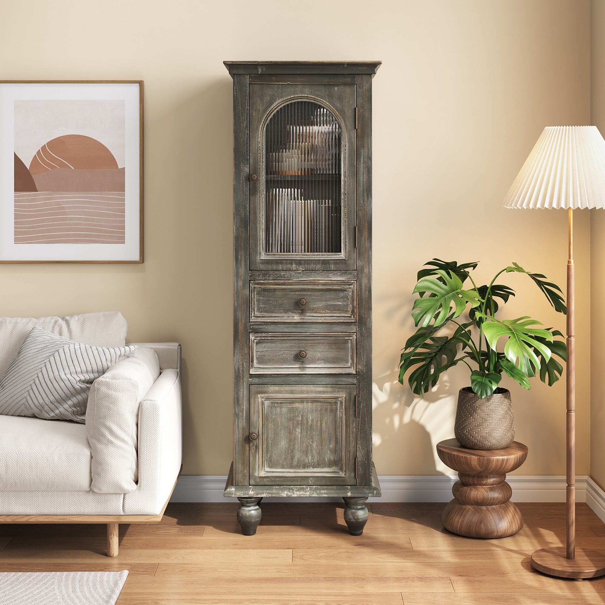 AENKYO 59" Tall Farmhouse Storage Cabinet, Rustic Wood Accent Chest w/ Reeded Glass Door & 2 Drawers, Antique Gray