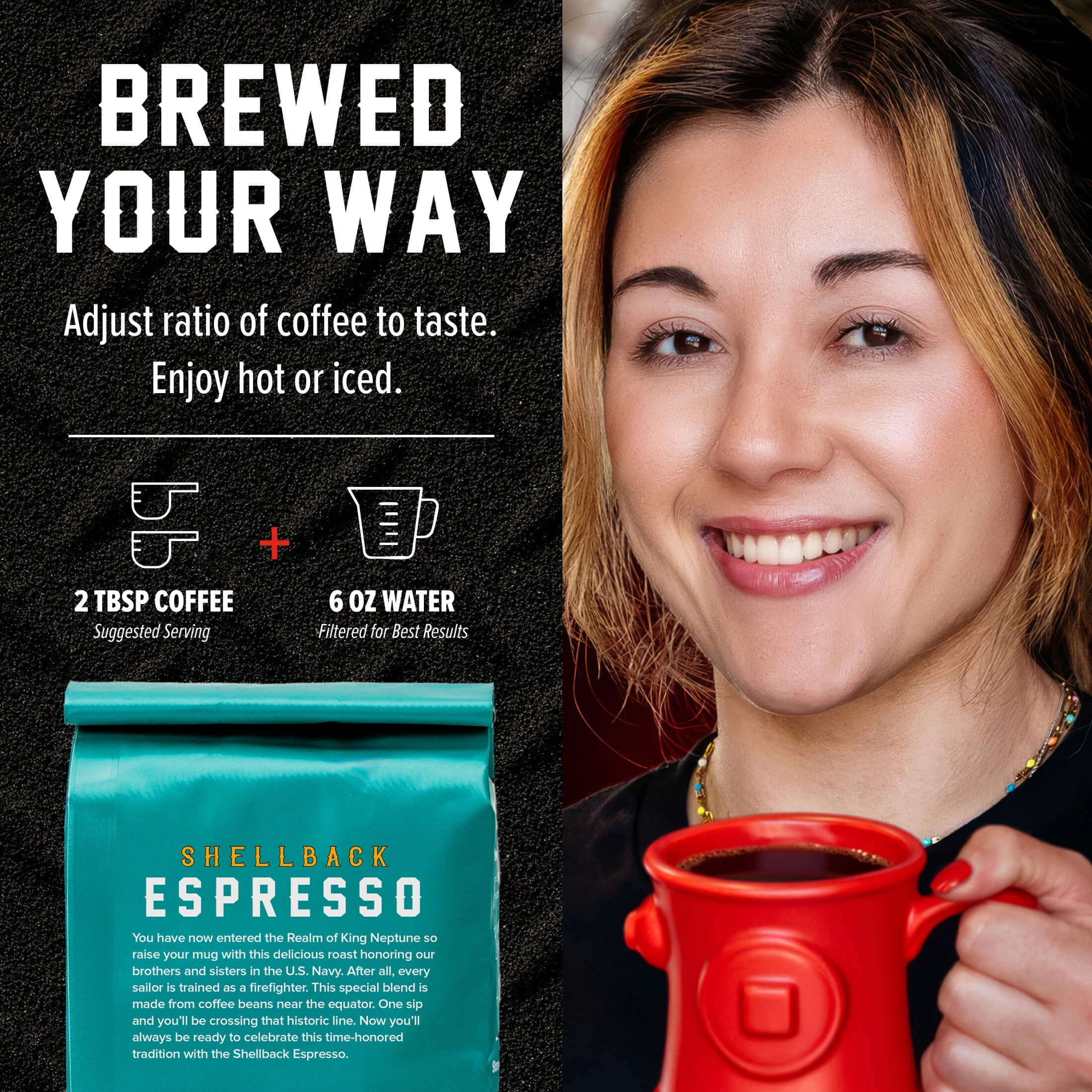 (6 pack) Fire Department Coffee, Shellback Espresso, Premium Ground Coffee, Medium Roast, 12 oz.