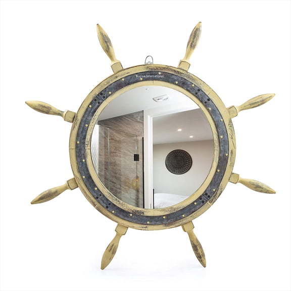 Nagina International 28" Ship Wheel Antique Rustic Off-White Iron Strip Textured Rudder | Nautical Pirate's Gift Idea | Costal & Beach Themed Room Wall Sculpture | Bathroom Mirror