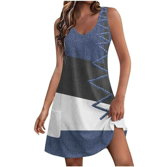 Mini Dresses for Women 2024 Plus Size Comfort Pocket Printing Sleeveless V-Neck Dress