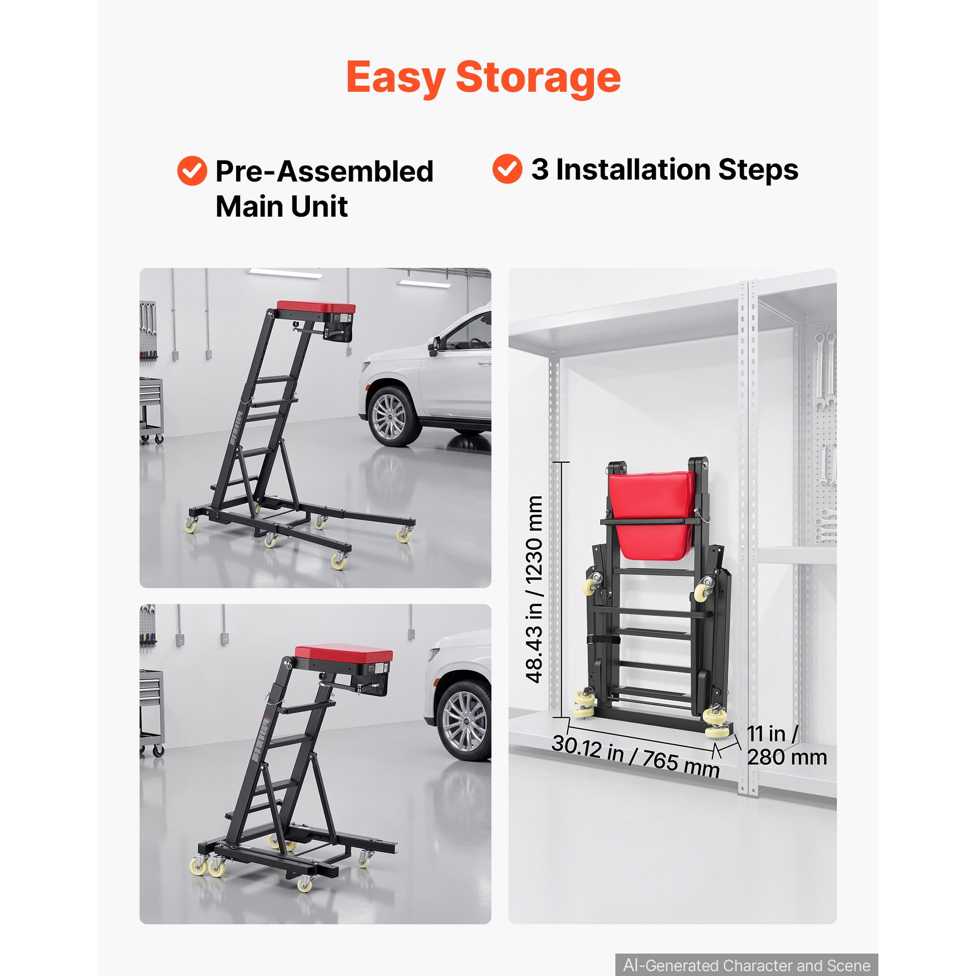 KFFKFF Adjustable Automotive Creeper 48"-76" with Folding Arm, Foldable High-Top Engine Creeper, 400LBS Capacity, Durable H-Shaped Base, 6-Wheel Smooth Mobility for Vehicle Maintenance