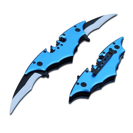 Batman Bat Blue Folding Dual Twin Double Blade Spring Assisted Pocket Knife Tactical Belt