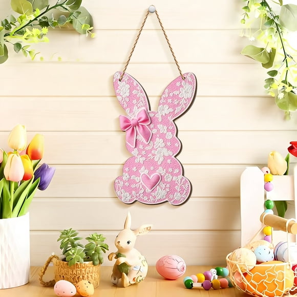 Letrero de madera 2D para puerta y ventana con diseño de conejos, lazos y corazones de Pascua para niña.