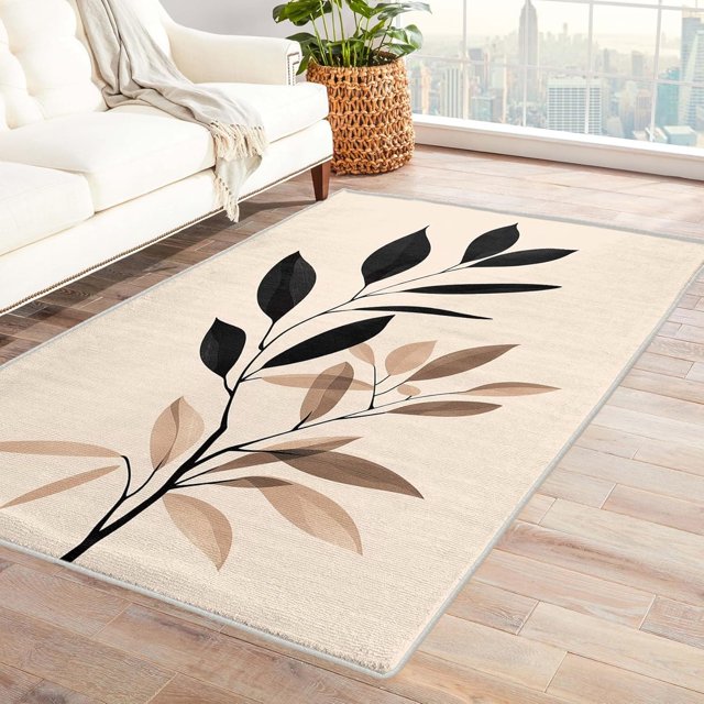 Leaf Rugs for Bedroom - 6x9 Rug - Leaf Rug - Abstract Leaves Area Rug - Minimalist Plant Rugs - Beige Carpet