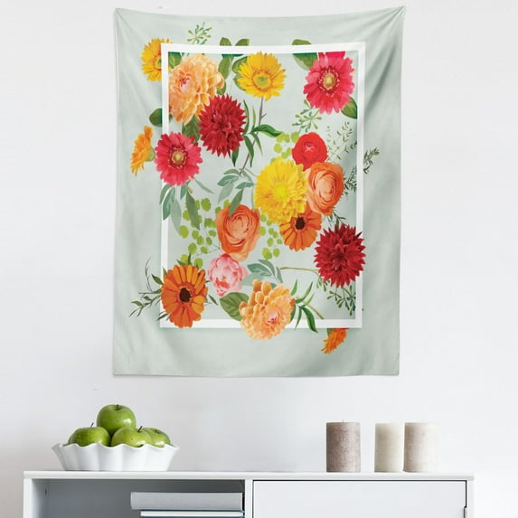 Shabby Flora Tapestry, Floral Flowers Leaves Buds Frame Art Print, Fabric Wall Hanging Decor for Bedroom Living Room Dorm, 5 Sizes, Dark Coral Mustard, by Ambesonne