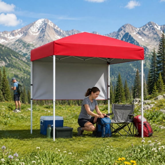 6 X 4 Ft Pop-up Canopy Tent, Oxford Cloth, Silver Coating, Half Sidewall, Easy Setup, Red