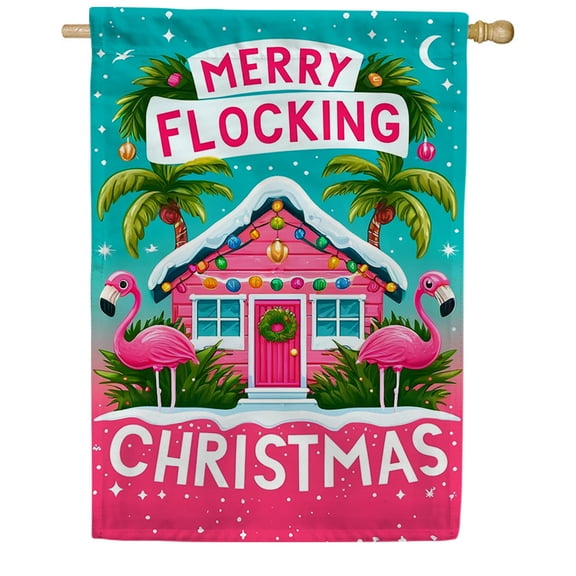 America Forever Merry Flocking Christmas House Flag, 28 x 40 inch Double Sided, Flamingo Beach Holiday Banner, Tropical Pink House Outdoor Decor, Festive Outside Decorations Yard Flag