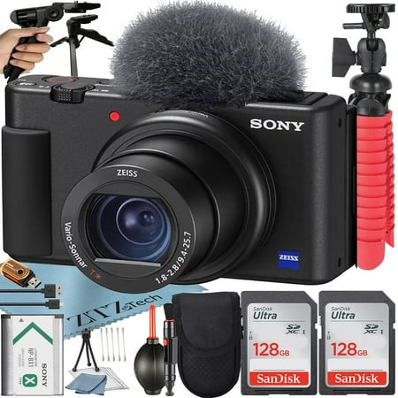 Sony ZV-1F Vlogging Camera (Black) with 2 Pack SanDisk 128GB Memory Card + Tripod + Case + ZeeTech Accessory Bundle