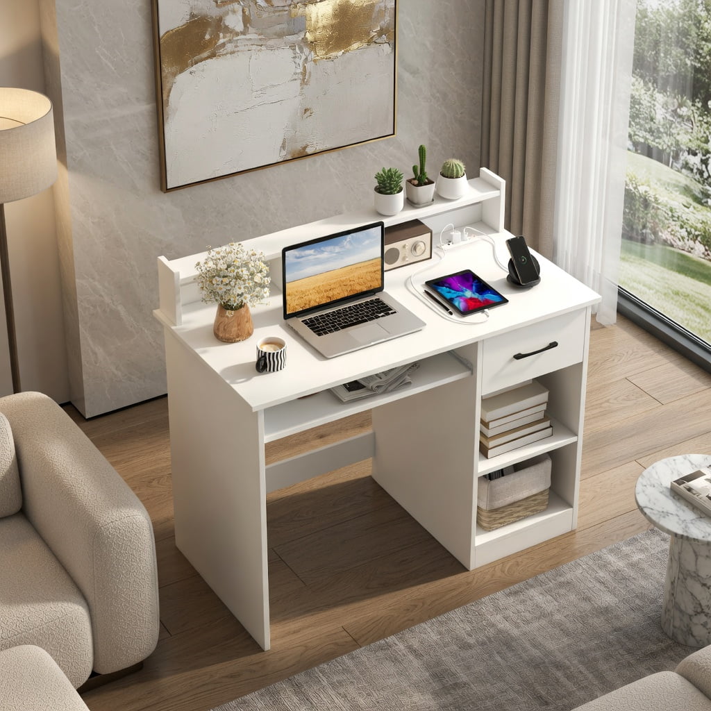 Demi Bonn White Home Office Desk, Keyboard Tray, Reinforced Crossbar, with Charging Station and Adjustable Shelf-White