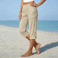thumbnail image 3 of Womens Capri Pants Casual High Waist Elastic Straight Linen Pockets Wide Leg Pants Beige, 3 of 5