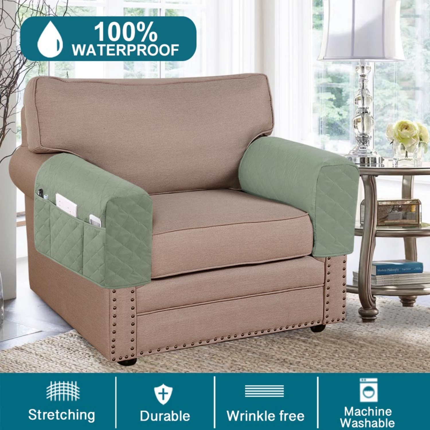 2 Pack Waterproof Armrest Covers Couch for Chairs and Sofas Couch Arm Covers with Side Pocket, Non-Slip Armrest Protectors Washable Armrest Slipcover (Green)