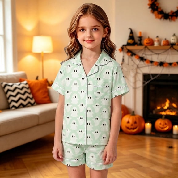 WAYUTE Halloween Theme Girls Pajamas Ghost Print Short Sleeved Button Down Lapel Shirts and Shorts for Kids Pjs Loungewear Casual Holiday