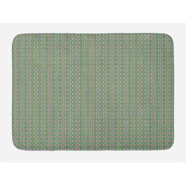 Ethnic Bath Mat, Boho Geometric Squares of Inner Fractal Flowers Retro Poly Art Print, Plush Bathroom Decor Mat with Non Slip Backing, 29.5" X 17.5", Olive Green and Multicolor, by Ambesonne