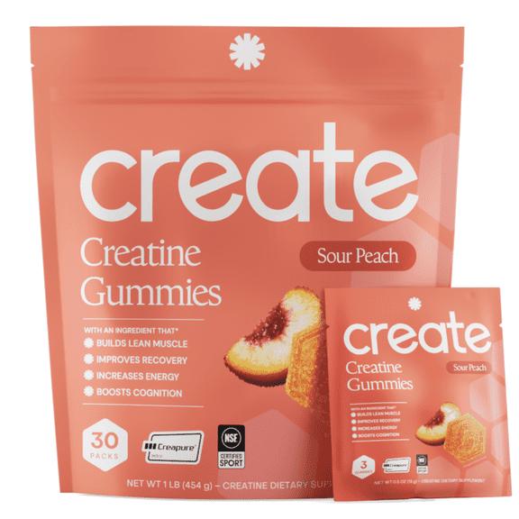 Create Creatine Monohydrate Gummies, Single-Serve Packs, Sour Peach, 30 Packs (90 Gummies)