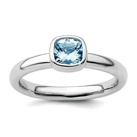925 Sterling Silver Bezel Polished Stackable Cushion Cut Aquamarine Ring Size 9 Stackable Ring for Women