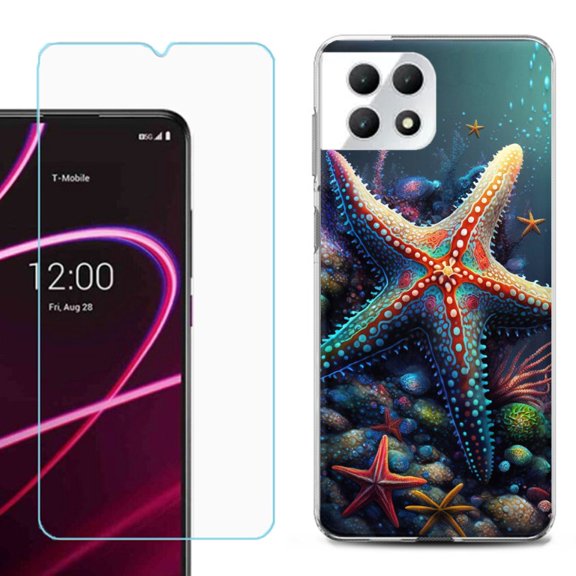 Phone Case for T-Mobile Revvl 7 5G, Shockproof Case Cover with Tempered Glass Screen Protector, by OneToughShield - Starfish