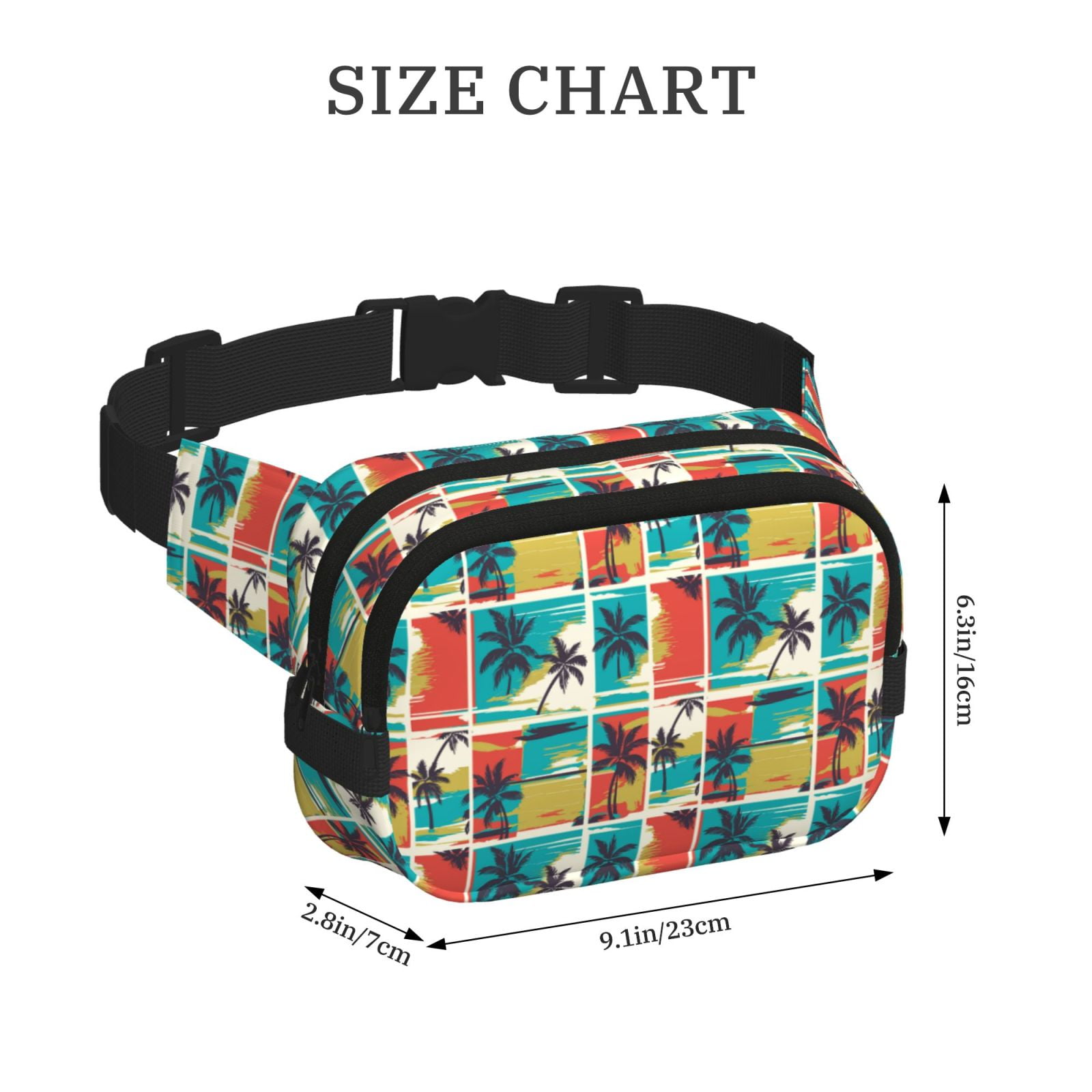 Picia Colorful Hawaii Palms Print Square Double-Layer Waist Bag Mini Adjustable Waist Belt Bag Exercise Running Travel Hiking