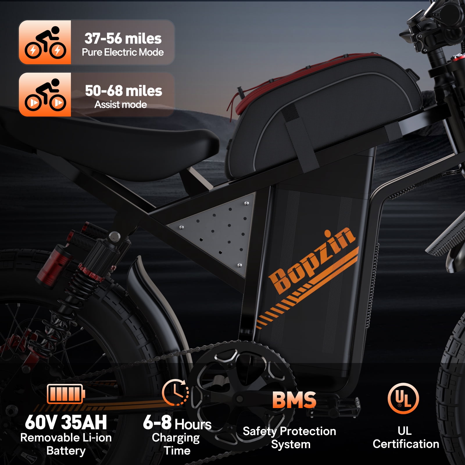 Peak 3000W Electric Dirt Bike for Adults,60V 35AH Max 37-68Miles & 45 MPH Ebike,20’’ Fat Tire 7 Speed Off -Road Mountain Bike UL2849