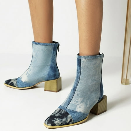 

VKEKIEO Short Boots Round Toe Mid Heel Booties Ornamental Zipper Zip-Up Blue Fall Boots