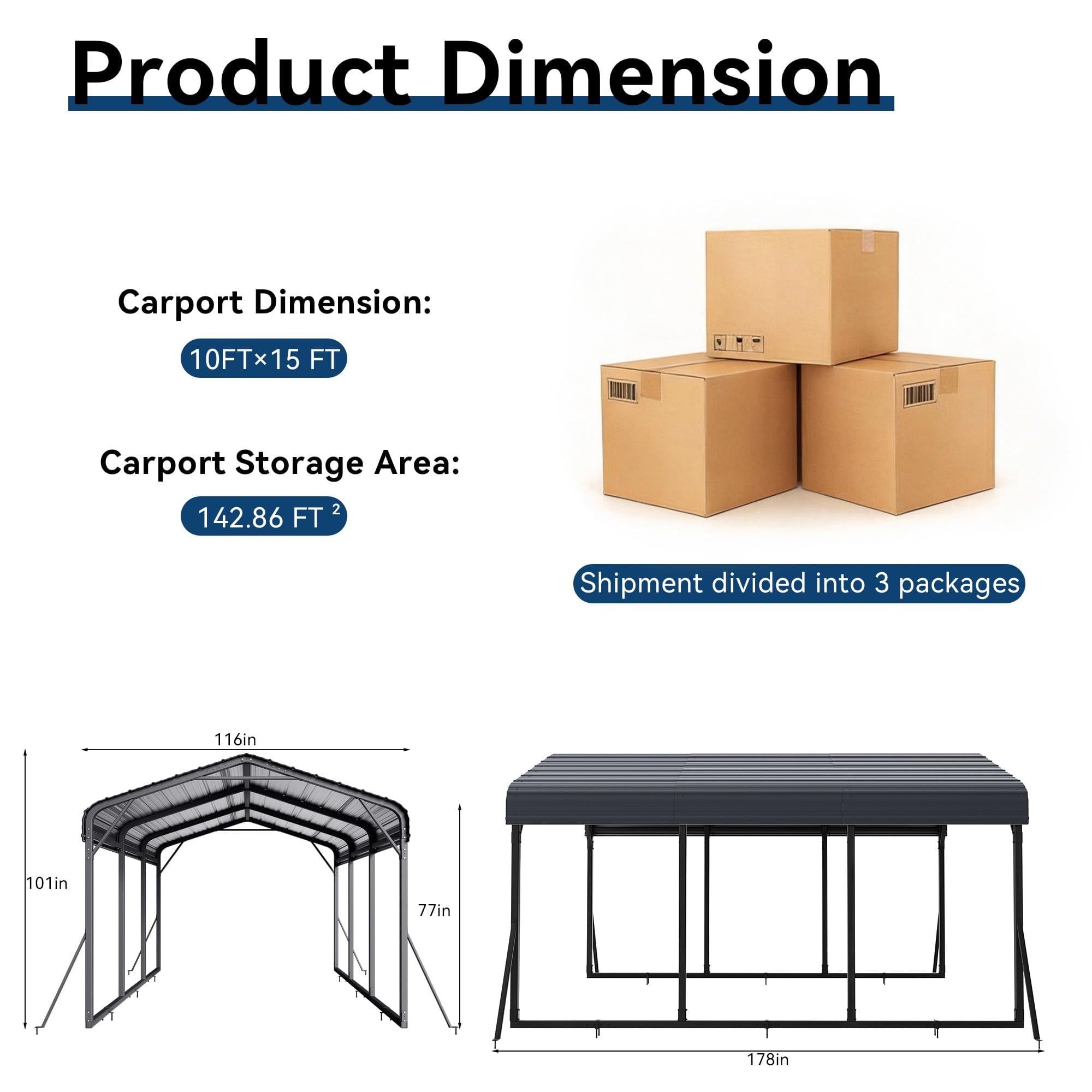 Gotland 10 FT x 15 FT Metal Carport, Heavy Duty Carport with Reinforced Frame, All-Weather Car Canopy with Reinforce Wind-Resistant Roofs, Multi-Functional Outdoor Garage for Car Truck Black