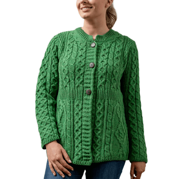 Aran 100 Irish Merino Wool Buttoned Cardigan Sweater for WomenChunky