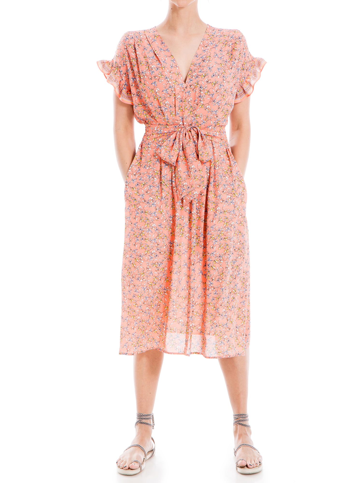 Max Studio Women's Short Sleeve Midi Waisted Crepe Dress - Walmart.com