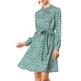 thumbnail image 2 of INSPIRE CHIC Robe Fleurie pour Femme Col Montant Manches Longues Taille à Nouer Longueur Genou Robe Bohème TP Vert, 2 of 8